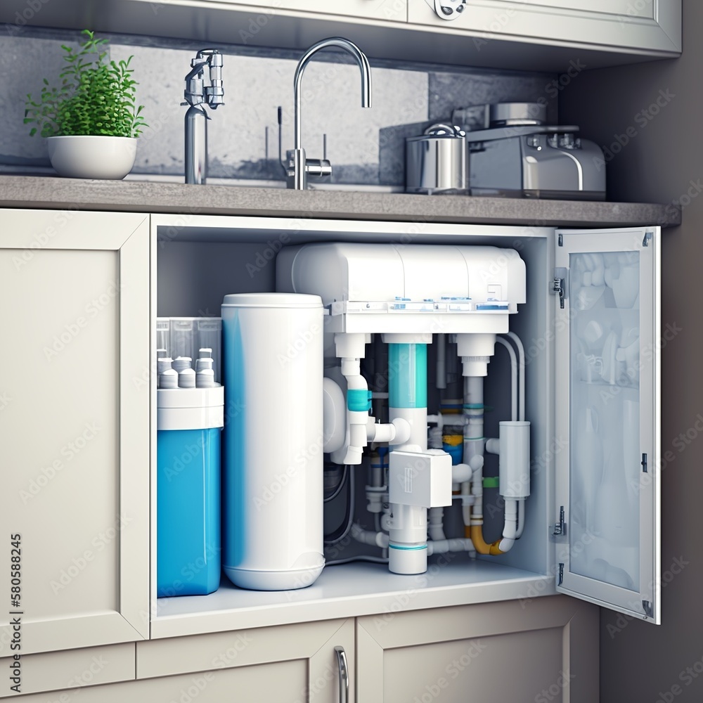 everse osmosis water purification system under sink in a kitchen. Water