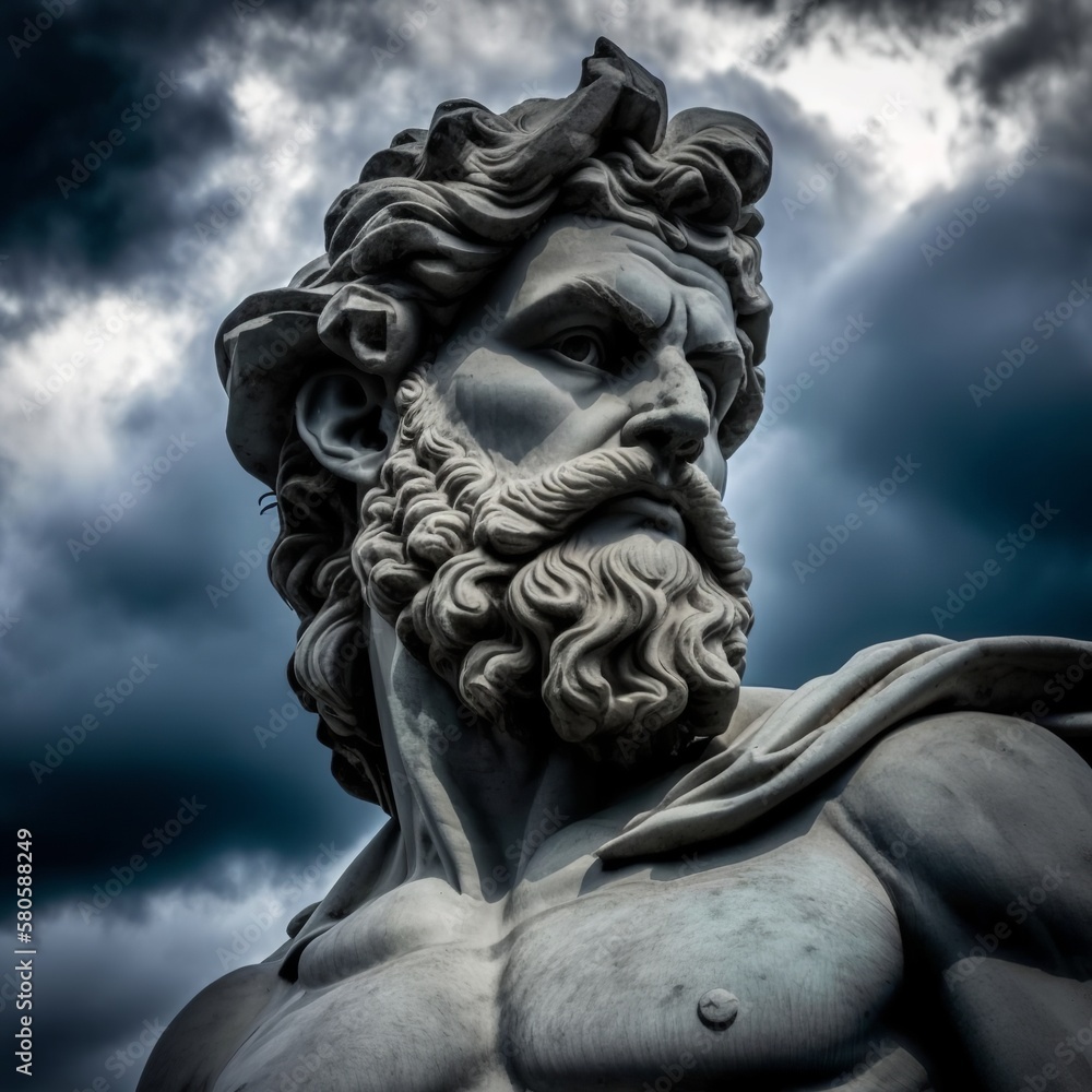 stone sculpture of serious Greek man with curly beard placed against sky with dramatic clouds giant ancient hair Generative AI 