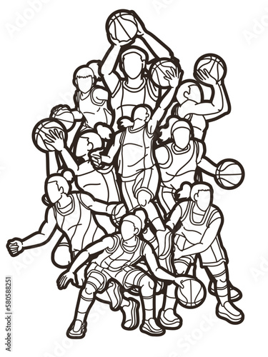 Basketball Team Women Players Action Cartoon Sport Team Graphic Vector