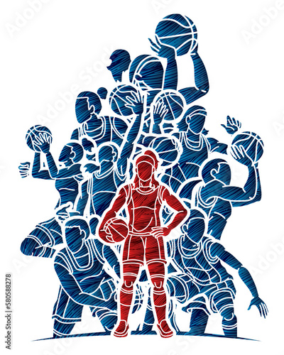 Basketball Team Women Players Action Cartoon Sport Team Graphic Vector