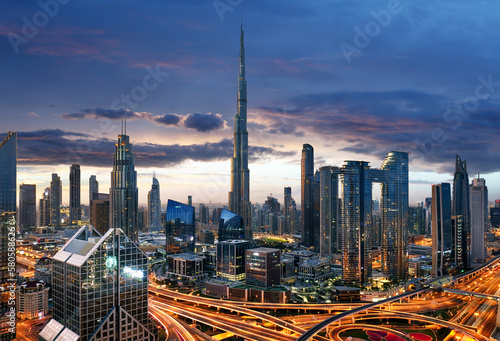 Dubai skyline at twilight with traffic - aerial view  United Arab Emirates