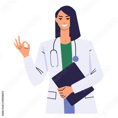 Woman doctor shows OK. The woman gestures that everything is good and perfect. A medical worker in a white coat and has a stethoscope. Holds clipboard. Smiling character. Flat vector isolated.