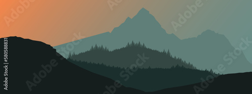 Mountain landscape view - Sunrise morning wood panorama, fir and spruce trees and mountains silhouette. Vector forest hiking travel adventure background