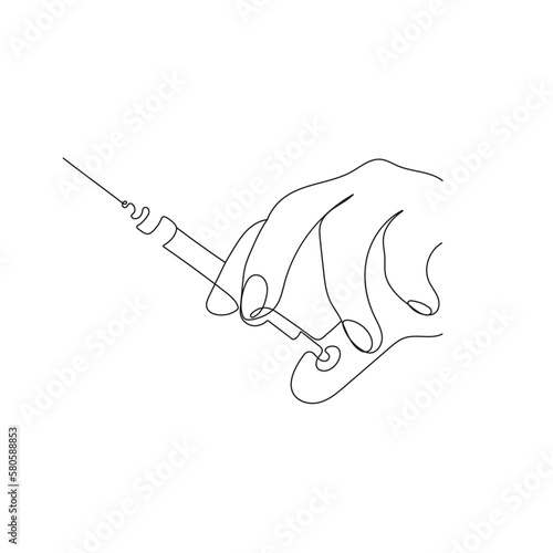 Hand holding syringe with needle. One line art. Vaccination, health care injection. Medical concept. Hand drawn vector illustration.