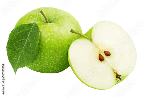 Ripe green apple fruit with apple half and green leaf isolated on transparent background.