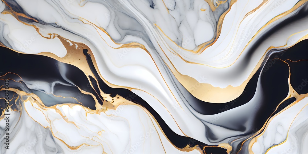 Black white gold smooth marble background. Marble ink abstract art from