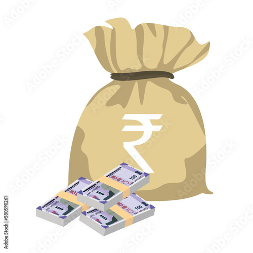 Indian Rupee Vector Illustration. India, Bhutan money set bundle banknotes. Money bag 100 INR. Flat style. Isolated on white background. Simple minimal design.