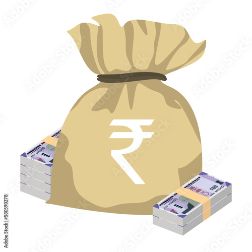 Indian Rupee Vector Illustration. India, Bhutan money set bundle banknotes. Money bag 100 INR. Flat style. Isolated on white background. Simple minimal design.