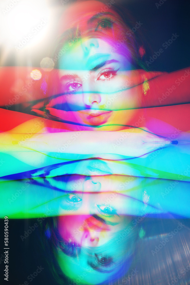 Woman studio portrait. Model placed head on hands. Mirror reflection of