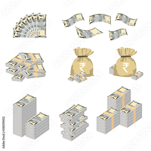 Indian Rupee Vector Illustration. Huge packs of India, Bhutan money set bundle banknotes. Bundle with cash bills. Deposit, wealth, accumulation. Falling money 500 INR. 