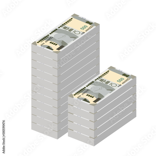 Indian Rupee Vector Illustration. India, Bhutan money set bundle banknotes. Paper money 500 INR. Flat style. Isolated on white background. Simple minimal design.