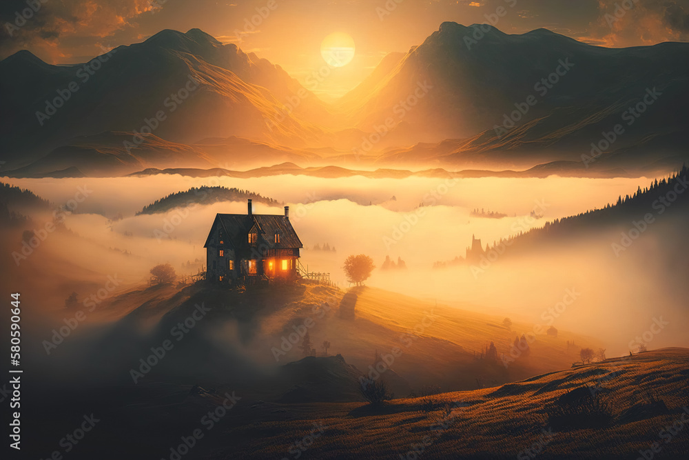 A beautiful landscape with a view of one house in the mountains at sunset, sunrise with mists at the bottom, and plenty of copy space. Generative ai