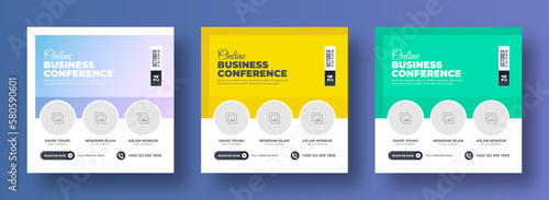 Business webinar invitation design. Webinar and business conference social media post template. Online webinar social media post template. Business conference banner template. Online live webinar.