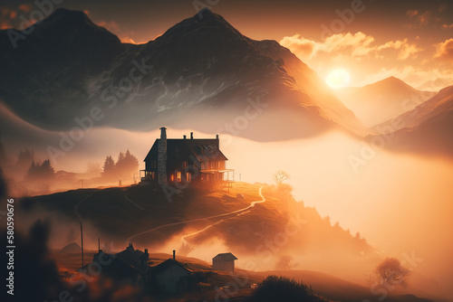 A beautiful landscape with a view of one house in the mountains at sunset  sunrise with mists at the bottom  and plenty of copy space. Generative ai