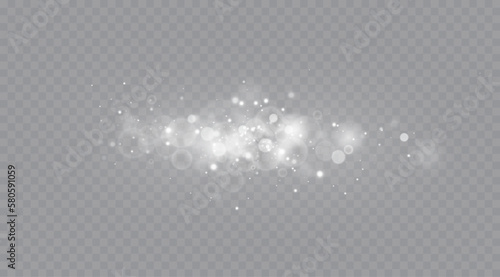 Particles of white magic dust. Shining light particles.Christmas glitter particles. Light effect on a transparent background.