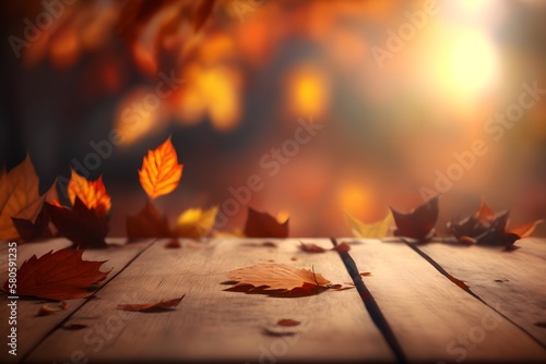Wooden table mockup template with blurred autumn background with orange leaves