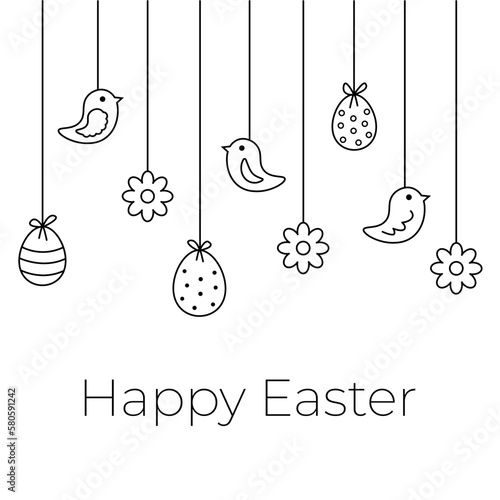 Happy Easter greeting card design. Linear vector illustration of Easter eggs with pattern, birds and flowers. Hand drawn sketch doodle style.
