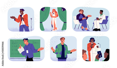 Speaker set. Public speaking, communication on stage, at podium, in front of audience. Politician, celebrity, business person at conference, show. Flat vector illustration isolated on white background