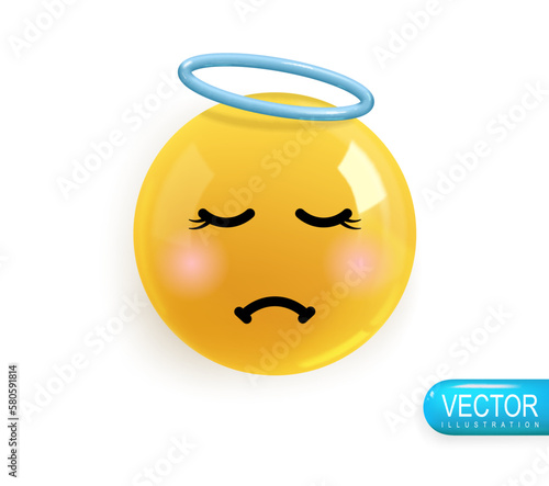 Emoji face of an upset angel. Emotion Realistic 3d Render. Icon Smile Emoji. Vector yellow glossy emoticons.