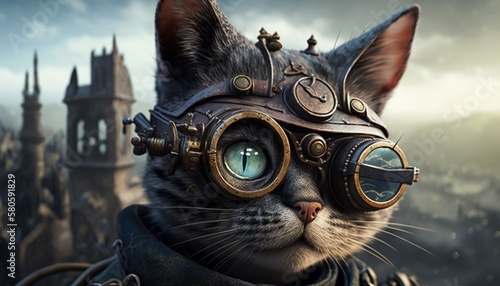 Fototapeta Naklejka Na Ścianę i Meble -  steampunk animals - cat- photorealistic - steampunk goggles - 4K - portrait , generative AI 