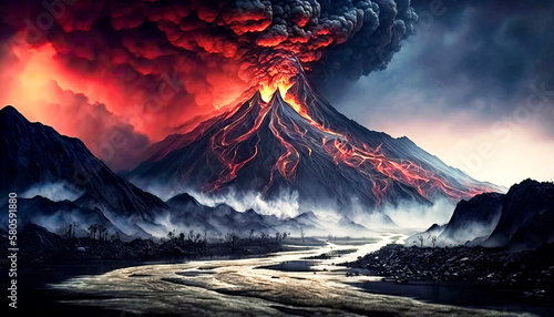 Glowing red skies at the rim of an erupting volcano spewing lava flows from its cone and spewing heavy clouds of black smoke into the sky, made with generative ai