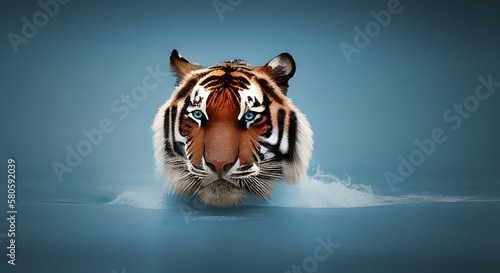 Un tigre majestueux aux yeux bleus saisissants émerge tranquillement de l'eau.

 photo