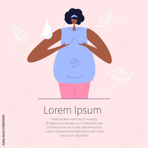 The pregnancy woman  with big breasts. New mom has got the symptoms her breast changes during pregnancy. She has discomfort, pain, distress.