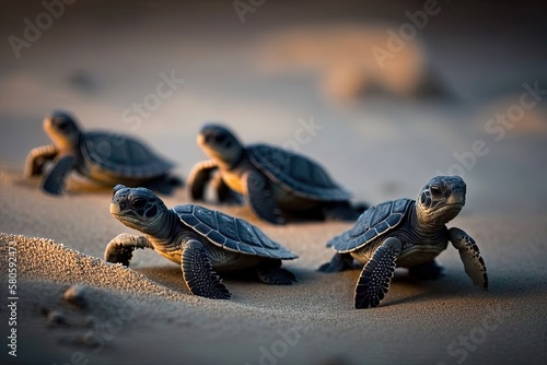 Group of small turtles on the beach. Cute and adorable design, sea life and nature, conservation and protection, youth and innocence, slow and steady progress. Generative AI photo