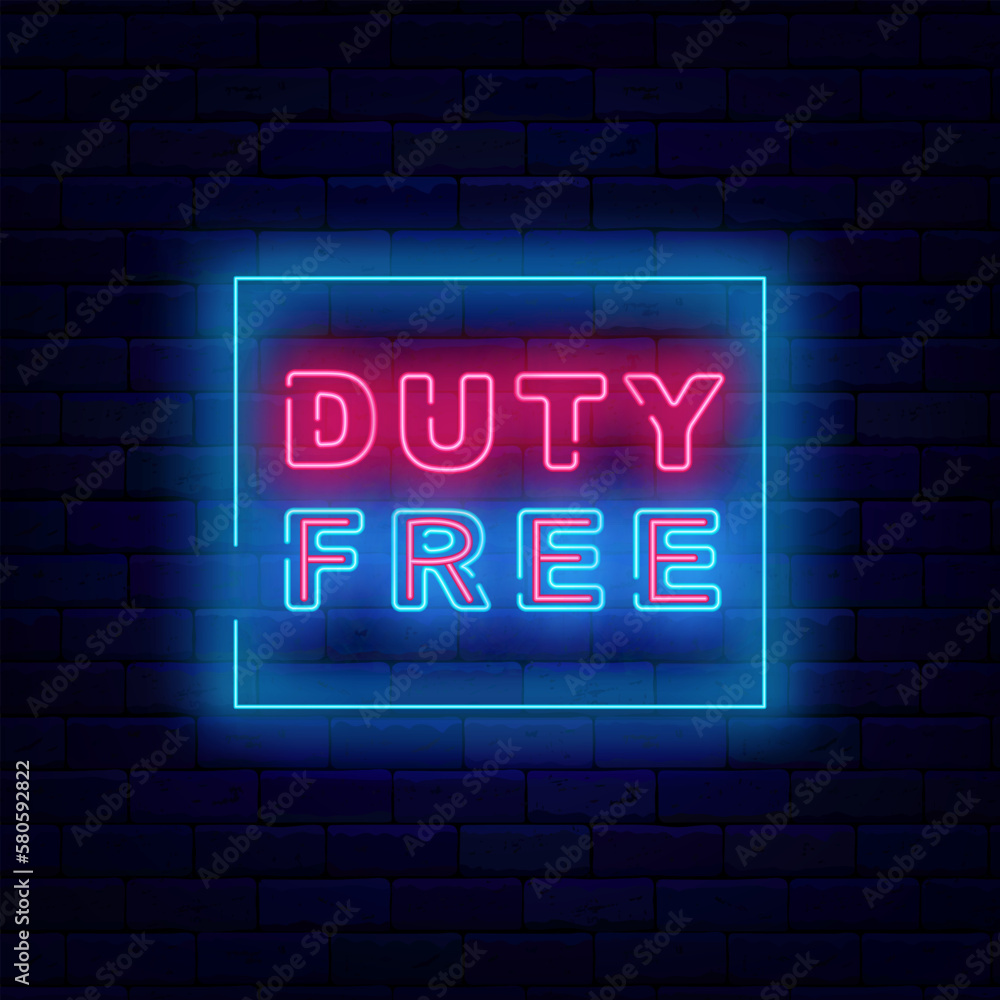 Obraz premium Duty free neon label in blue frame. Minimal typography for airport. Special offer design. Vector stock illustration