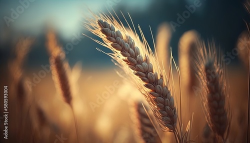 beautiful close up wheat ear against sunlight at evening or morning with yellow field as background, generative Ai