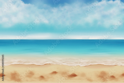 Summer sale banner, tropical sea beach with blue sky background. Generative ai.