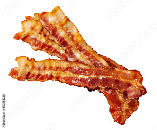 Closeup of slices of crispy hot fried bacon on transparent background. png file photo