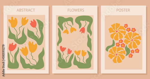 Groovy abstract posters with tulips flower on yellow background. . Modern naive groovy funky interior decoration. Vector art illustration.
