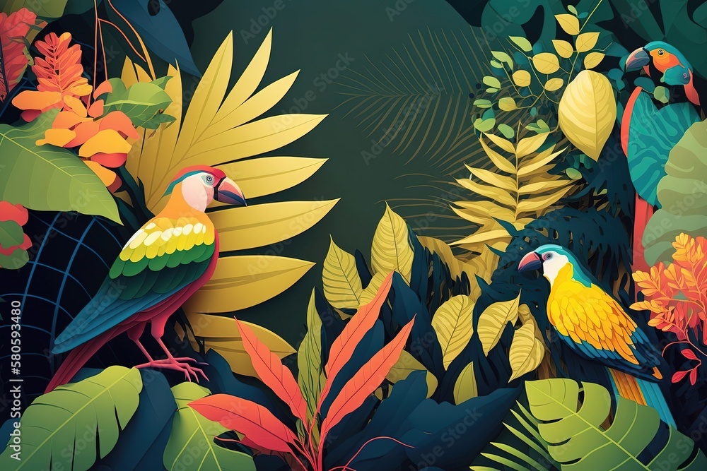 Abstract background with tropical flora and fauna. Featuring a mix of ...