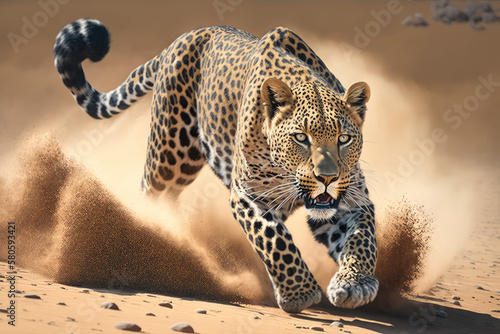a large leopard running across a dirt field, a photorealistic, generative AI