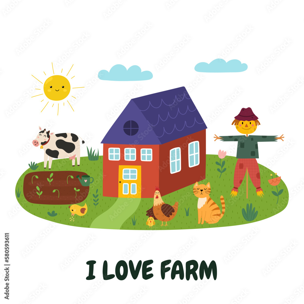 Obraz premium I Love Farm print with a cute scarecrow, cow, hen, cat and farmhouse. Summer green meadow card in cartoon style. Vector illustration