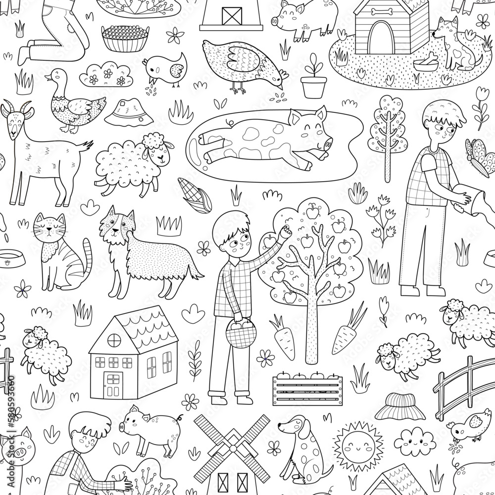 Cute black and white farm animals seamless pattern. Pig in mud, boy gathering apples, sheep and other characters. On the farm countryside background for coloring page. Vector illustration Cute black and white farm animals seamless pattern. Pig in mud, boy gathering apples, sheep and other characters. On the farm countryside background for coloring page. Vector illustration
