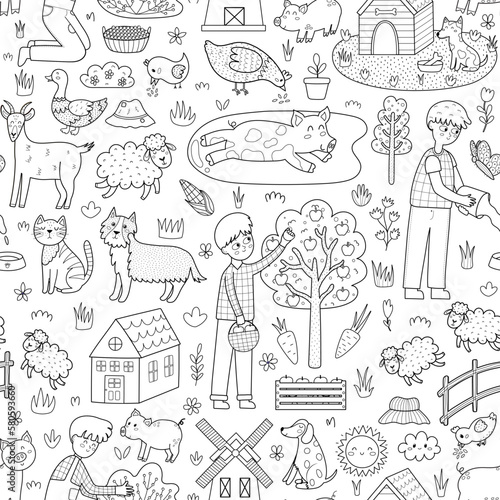 Cute black and white farm animals seamless pattern. Pig in mud, boy gathering apples, sheep and other characters. On the farm countryside background for coloring page. Vector illustration