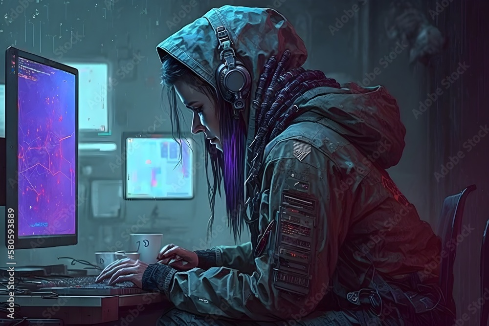 Fototapeta premium cyberpunk style programmer or hacker doing coding, (not any real person in this graphics) Generative AI