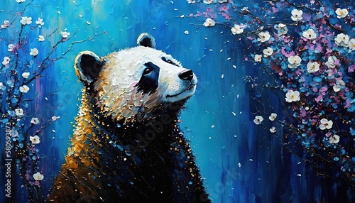 Fototapeta Naklejka Na Ścianę i Meble -  illustration of cute animal smile face in spring flower gardens, idea for children room wall decor or animal wallpaper, Panda, Generative Ai