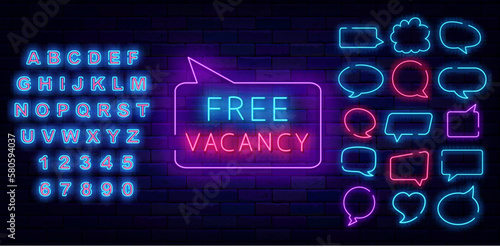 Free vacancy neon label. Speech bubbles collection. Welcome to our team. Vector stock illustration