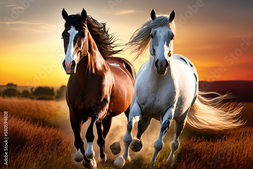 two horses white and brown running in a field at sunset, generative AI
