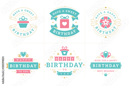 Happy birthday vintage festive label and badge set greeting card holiday design vector flat