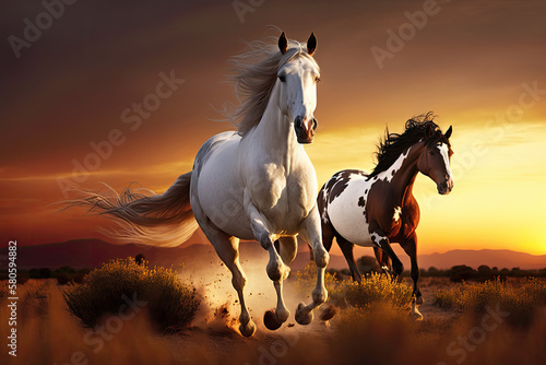 two horses white and brown running in a field at sunset  generative AI