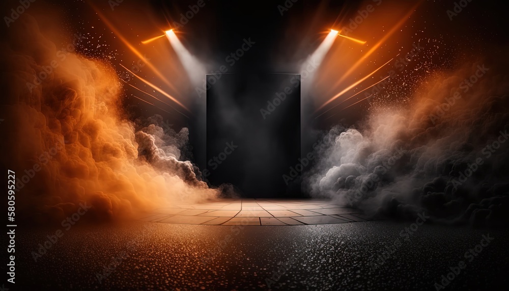 spotlights shine on stage floor in dark , idea for background, backdrop, mock up, city street, Generative Ai