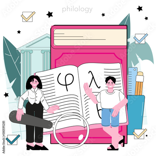 Philologist concept. Scientific study of language, its history and development