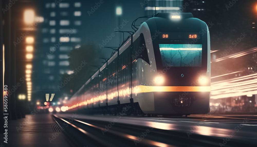 Modern high speed train at night. Railroad background. Modern intercity train on the railway platform with motion blur effect.  generative ai