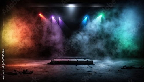 spotlights shine on stage floor in dark room  idea for background backdrop  abandon room or warehouse  Generative Ai