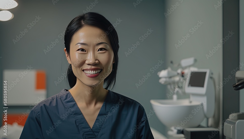 beautiful Asian woman doctor smile wildly at clinic or hospital room , idea for dream and lifestyle of people career and work, Generative Ai not real person beautiful Asian woman doctor smile wildly at clinic or hospital room , idea for dream and lifestyle of people career and work, Generative Ai not real person