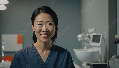 beautiful Asian woman doctor smile wildly at clinic or hospital room , idea for dream and lifestyle of people career and work, Generative Ai not real person